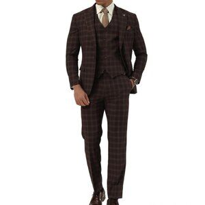 Coffee Glen Check Peak Lapel 3 Piece Stacy Adams Men's Suit